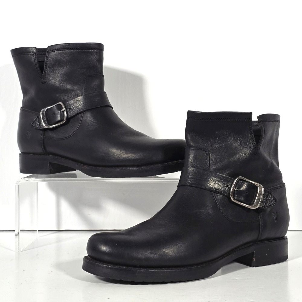 Frye Veronica Boots Women Size 8.5 Black Leather Moto Buckle Edgy Grunge